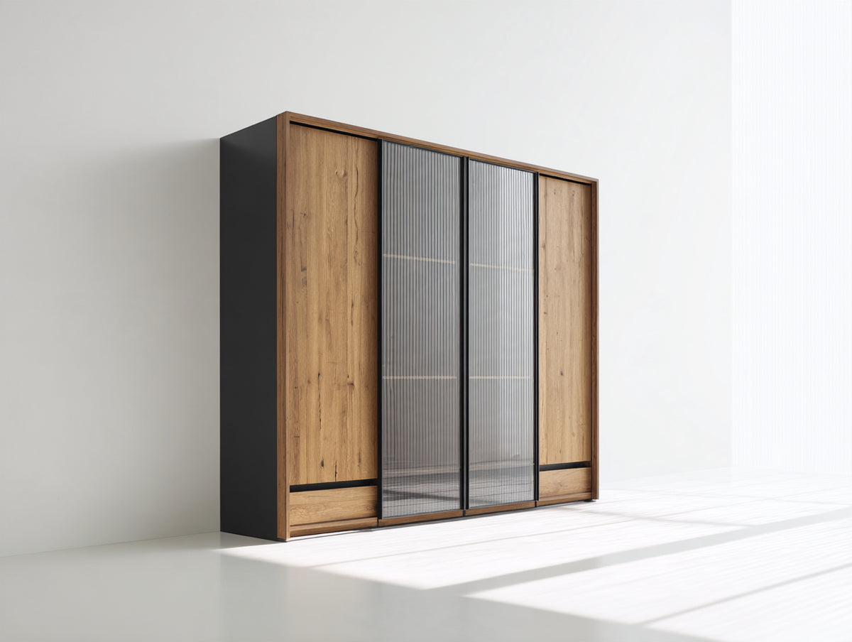 Armadio - Legno ingegnerizzato-Vetro - 224x63x211 cm - Marrone-Nero - Stile industriale